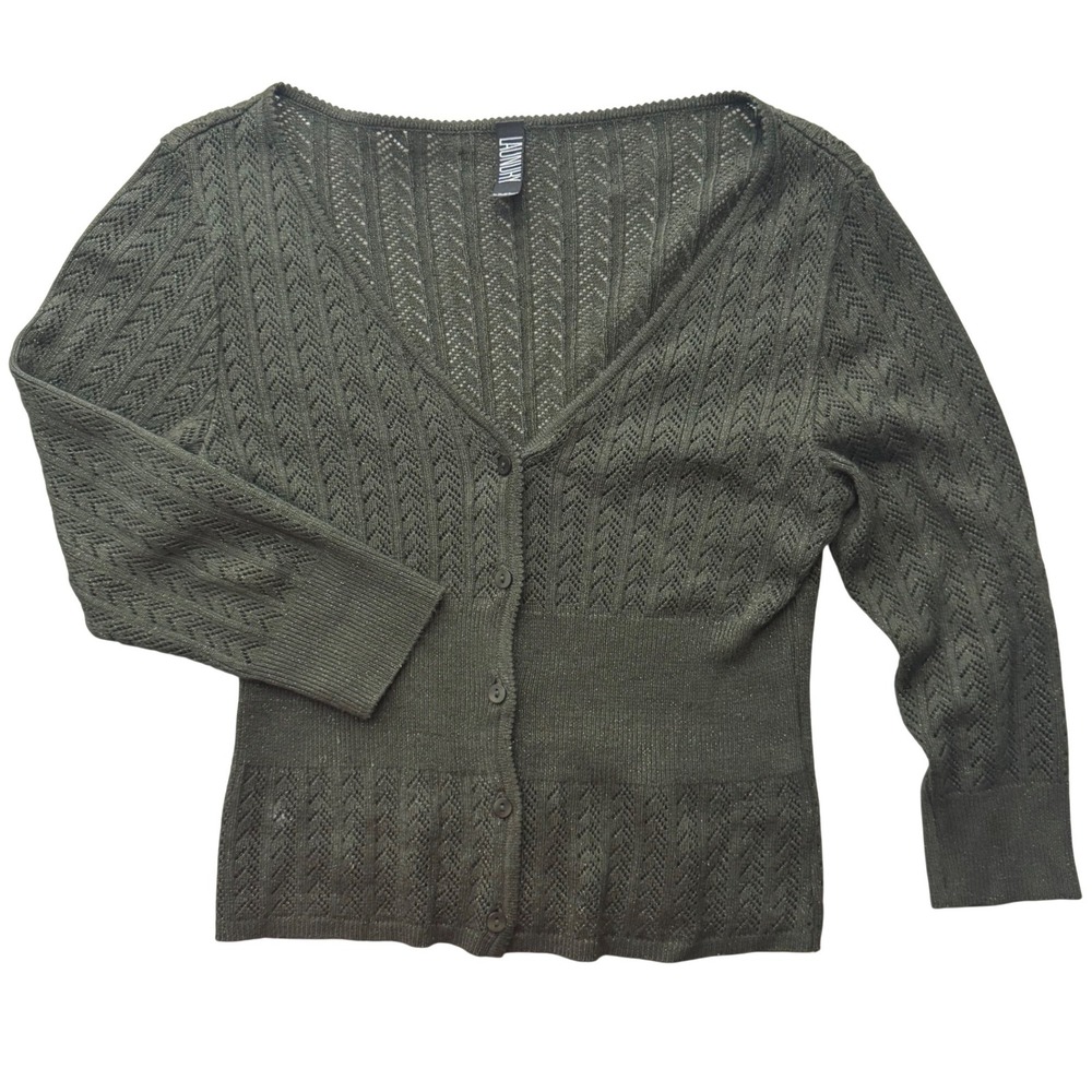 VTG 90s Laundry‎ Shelli Segal 3/4 Sleeve Cardigan Olive Green Gold Sweater